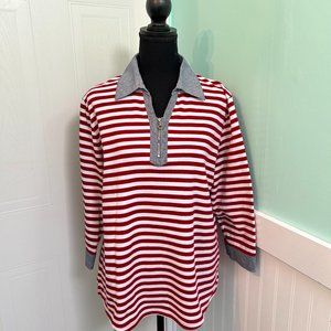 Cali and York Red and White Stripe Quarter Zip Pullover Top Sz L